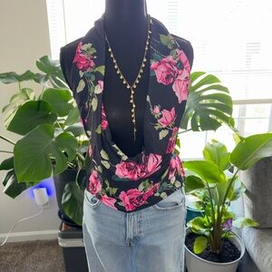Floral Halter Neck Top - Navy Blue and Pink